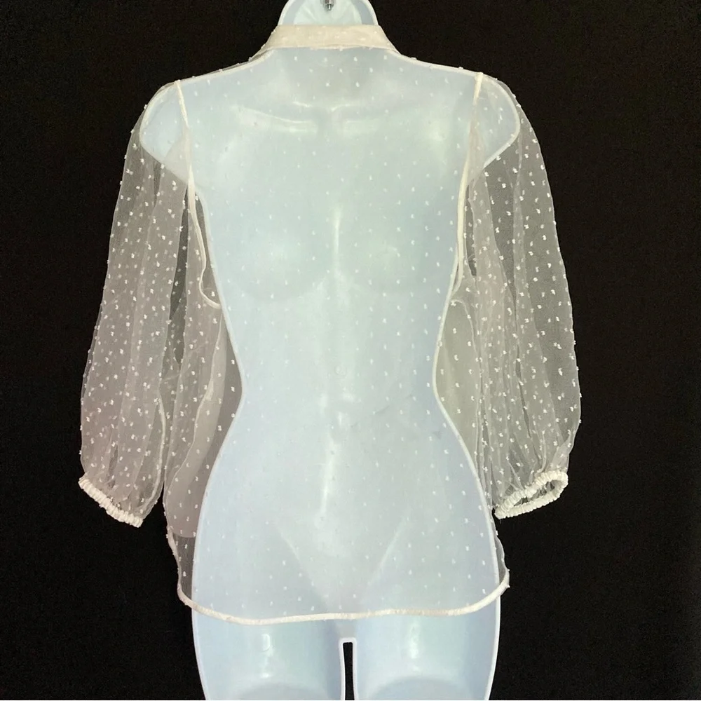 Zara White Swiss Dot Sheer Puff Sleeve Organza Button Up Blouse, Sz S